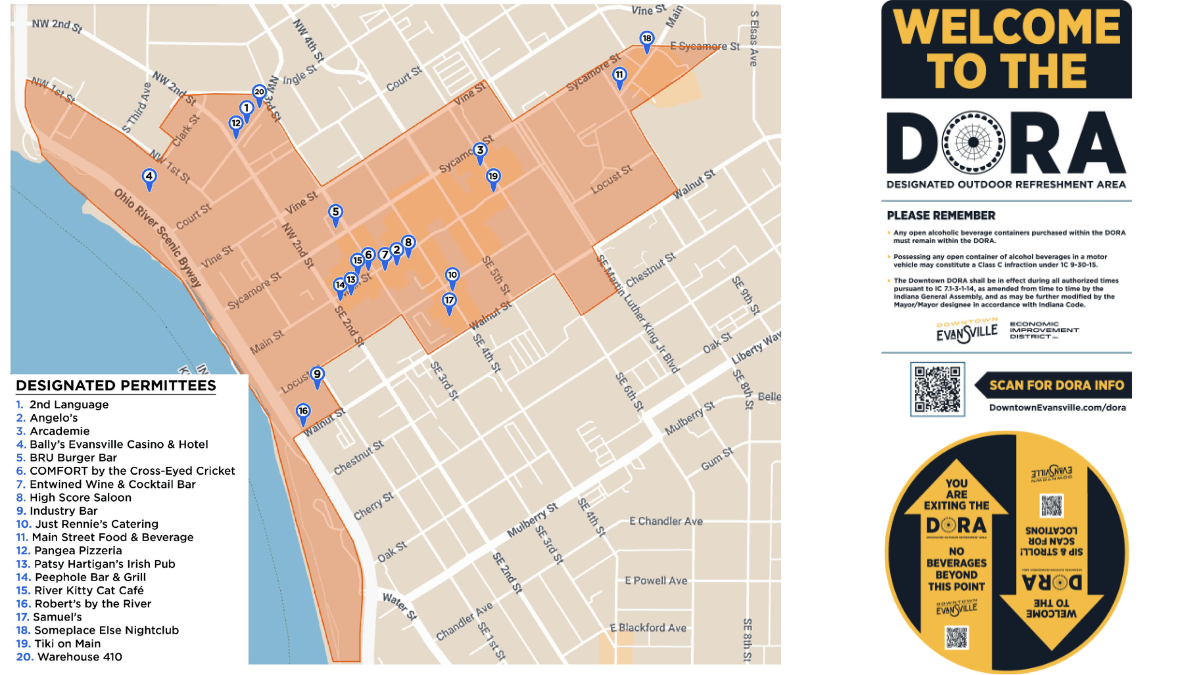 A downtown evansville map that shows the DORA area and DORA signage