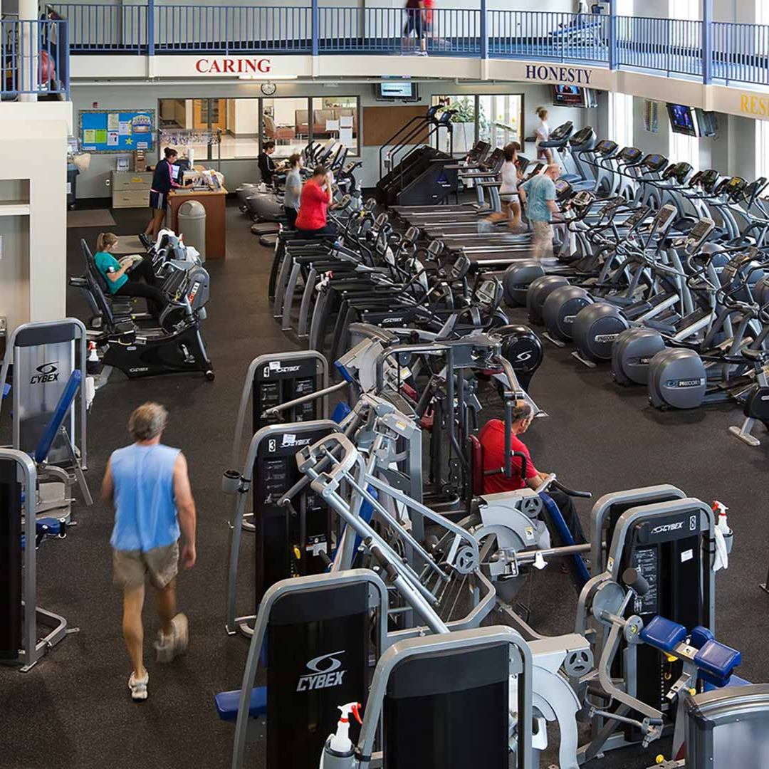 An image overlooking the weight and cardio machine area at the Southwest Indiana YMCA fitness center
