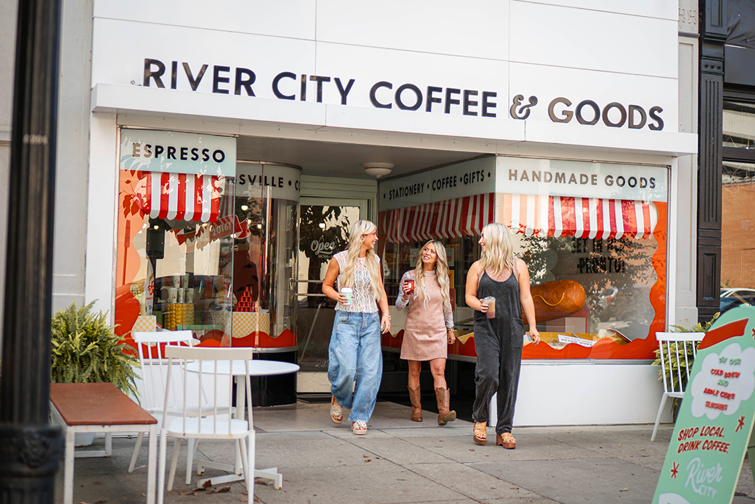 Three women enjoy shopping in Evansville’s vibrant downtown district