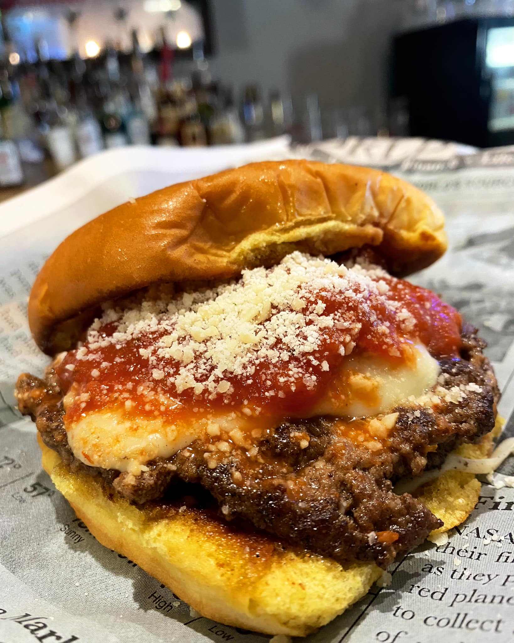 A picture of a pizza burger from Neighbors Bar and Restaurant in Newburgh, IN