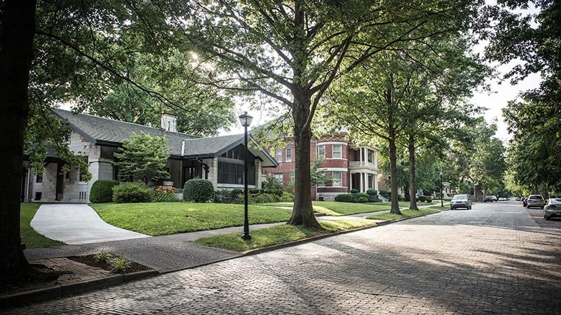 An idyllic Evansville Region neighborhood street with charming houses