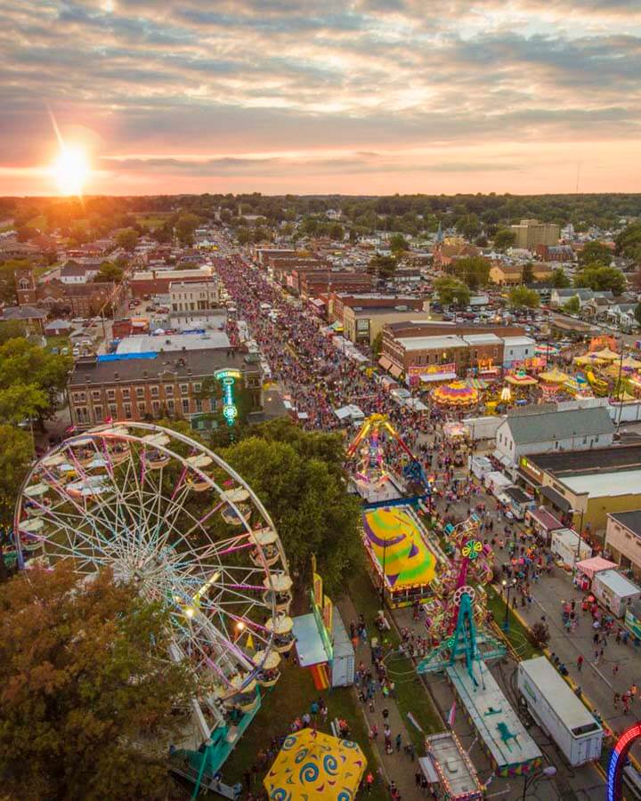 An aerial view at sunset overlooking Franklin Street during the Fall Festival in Evansville, IN