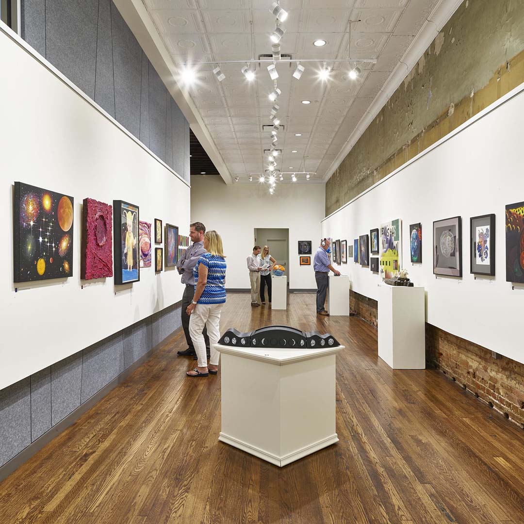 An image looking down the gallery at the Arts Council of Southwestern Indiana