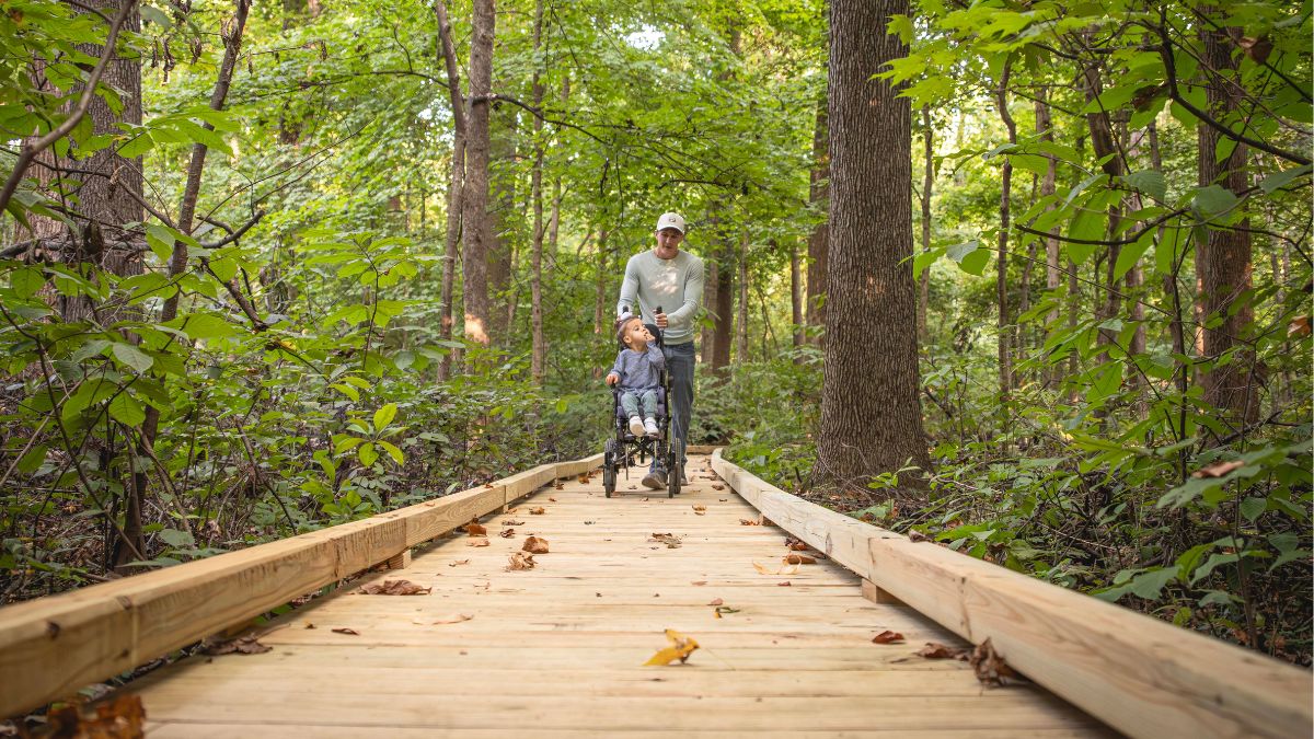 Family at Wesselman Woods trails in the Evansville Region